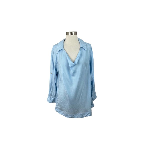 Sundance Catalog Blue Drape Front 100% Silk Blouse Size M - Picture 1 of 4